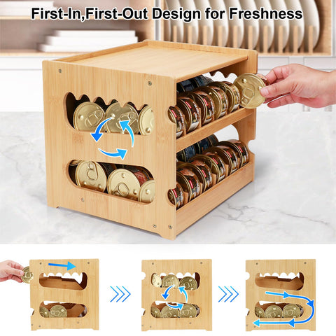 PLITTPETTS bamboo can organizer dimensions for countertop or pantry placement.