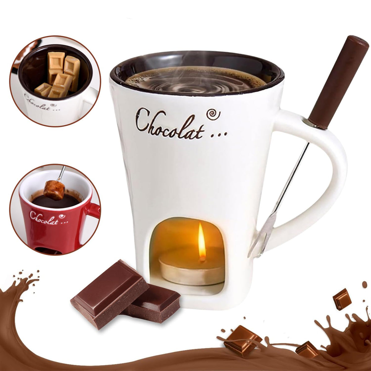 Ploreatu chocolate fondue cup in white ceramic for romantic evenings.