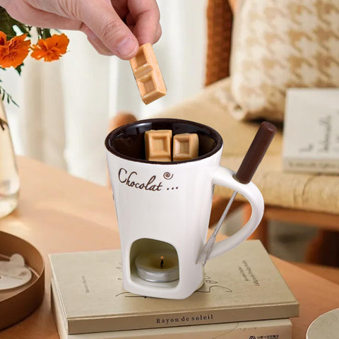 Ploreatu fondue bliss cup melting chocolate for easy dipping.