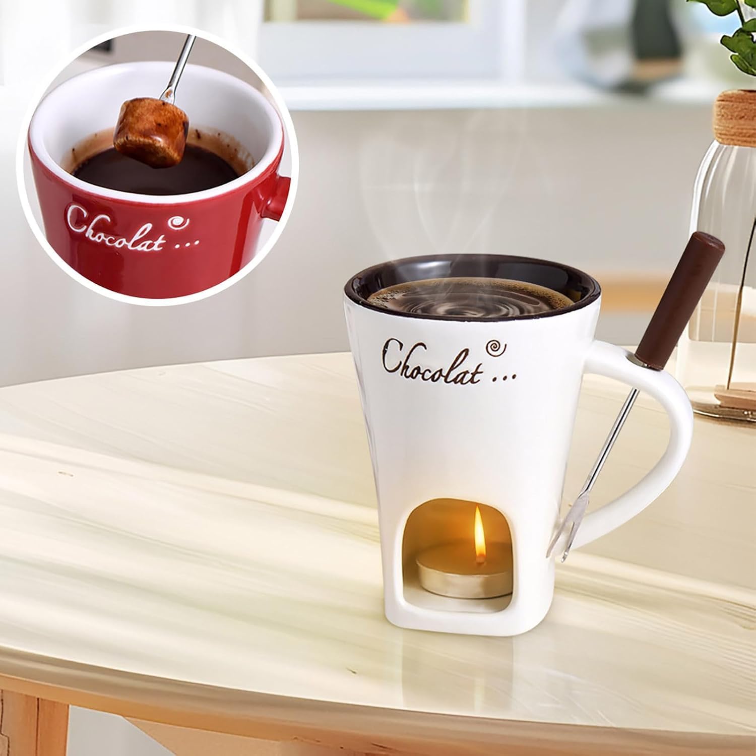 Ploreatu fondue cup with forks enhances interactive dipping experiences.