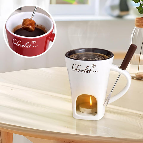 Ploreatu fondue cup with forks enhances interactive dipping experiences.