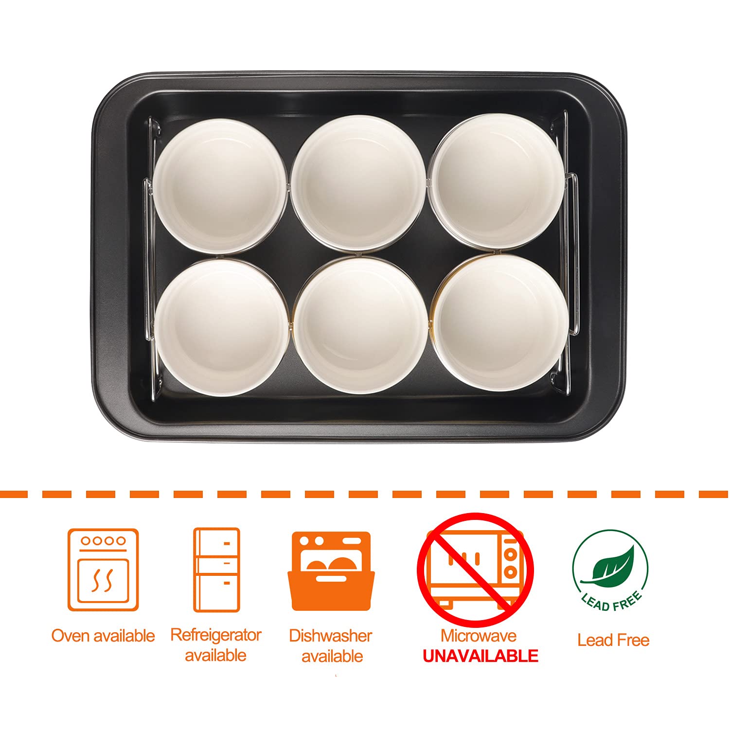 PLSFIT bottom pan accommodates all six ramekins for batch prep.