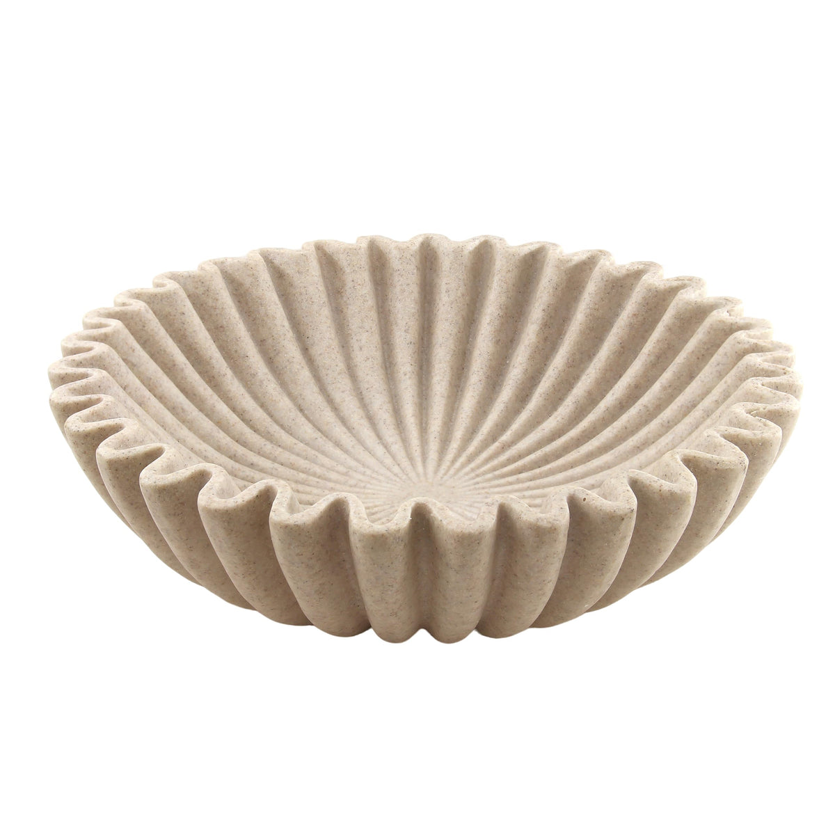 Plukers large beige ruffle bowl on a coffee table showcasing modern decor