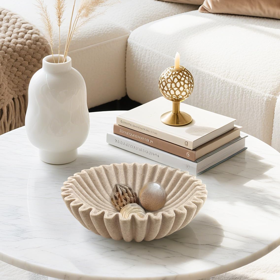 Plukers fruit-filled ruffle bowl on kitchen island display