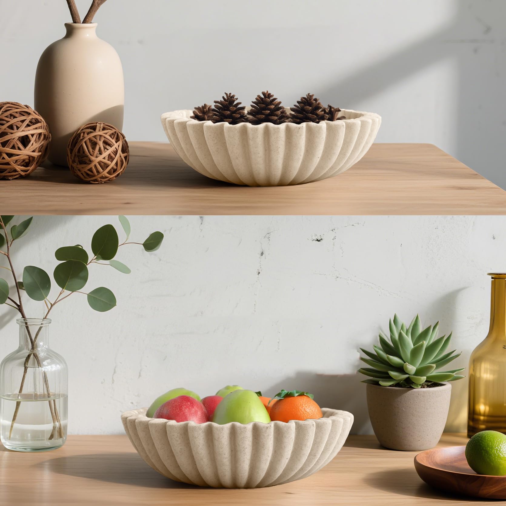 Plukers beige ruffle bowl adds texture on a shelf
