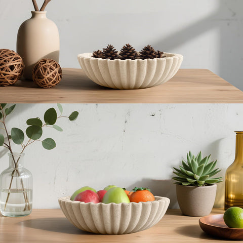 Plukers beige ruffle bowl adds texture on a shelf