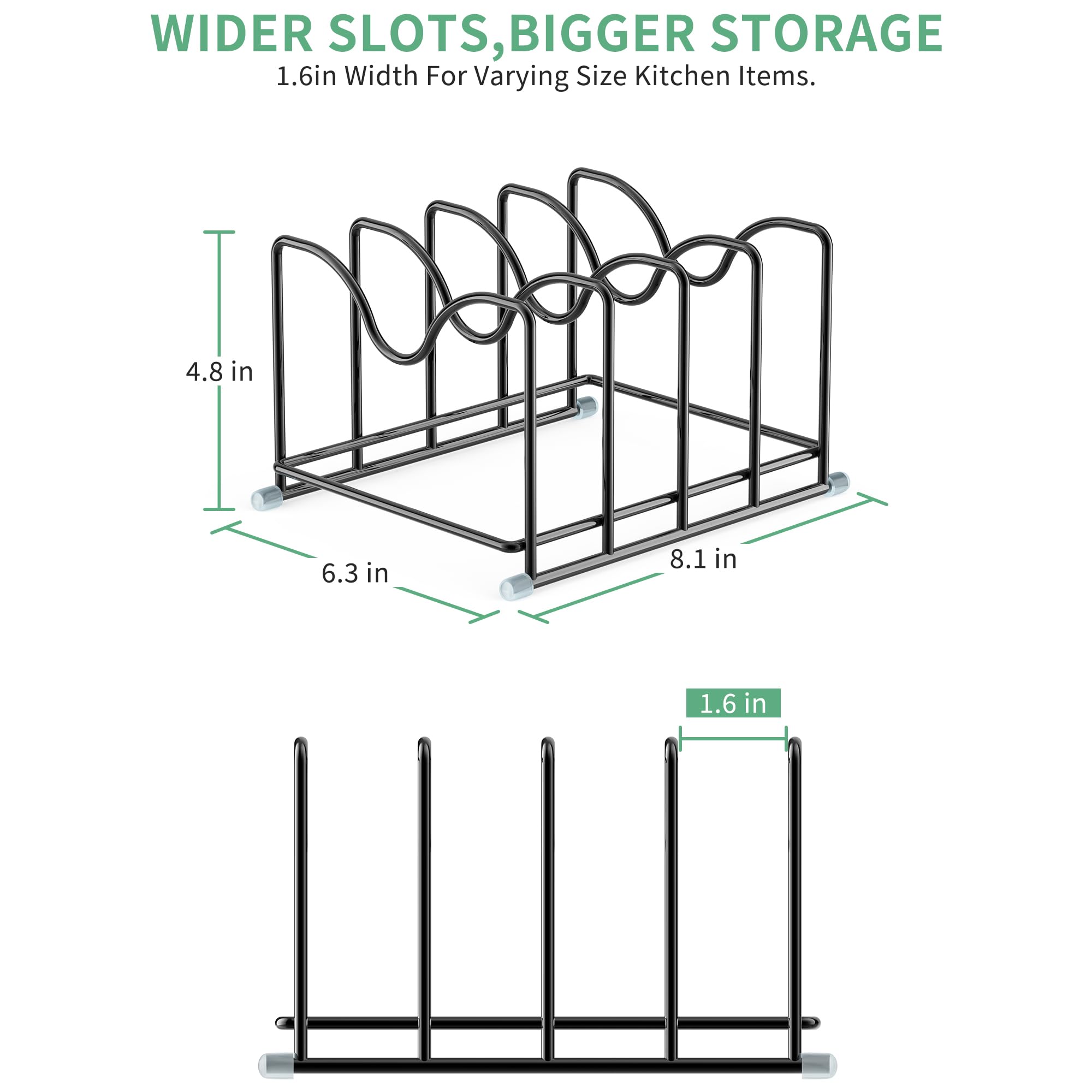 PLUVON wide-slot rack close-up highlighting 1.6-inch slots for bulky lids.