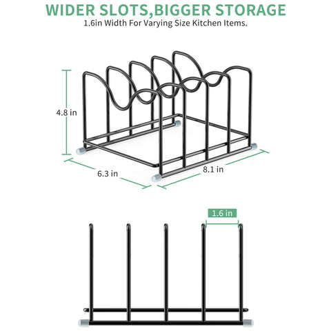 PLUVON wide-slot rack close-up highlighting 1.6-inch slots for bulky lids.