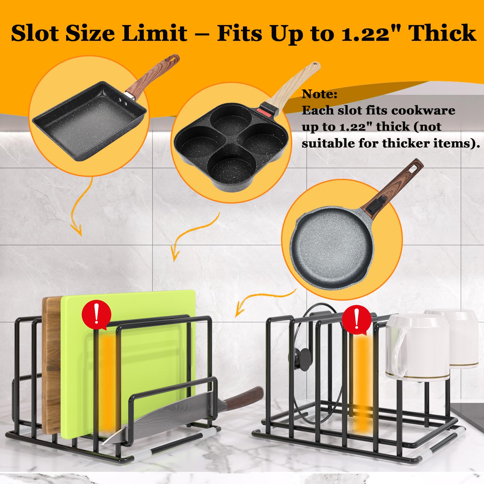 PMYEK pot lid holder with 5 slots keeps lids upright and organized.