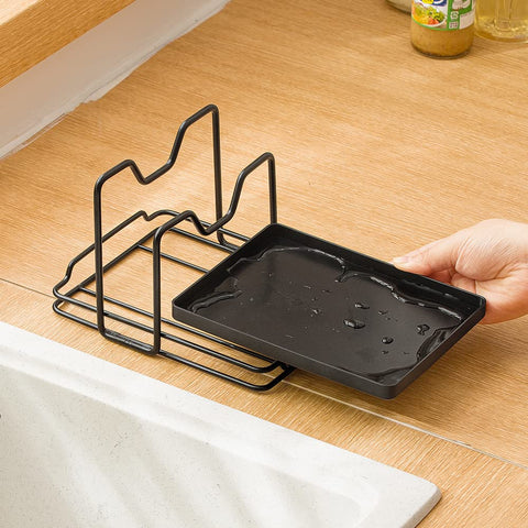 Poeland lid organizer with metal base resists rust for long-lasting kitchen use.