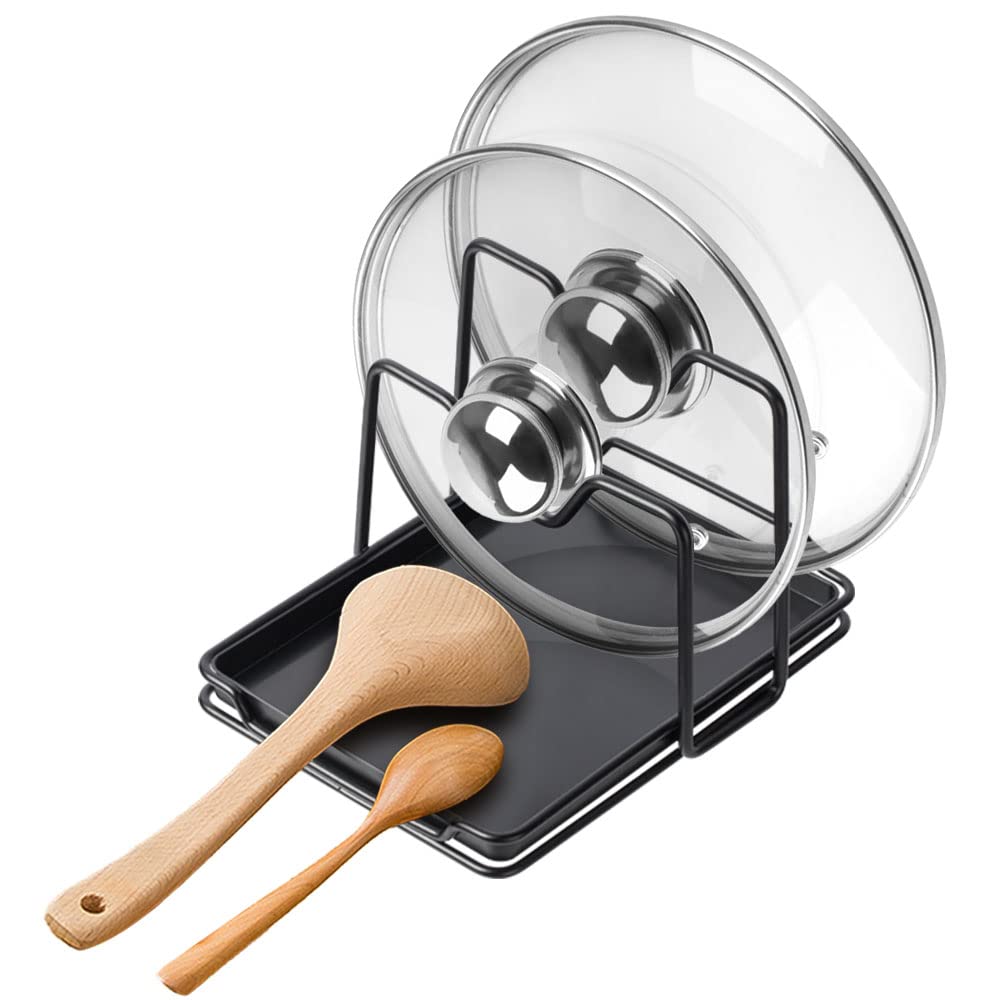 Poeland pot lid holder 2-tier organizer keeps lids upright and organized, saving counter space.
