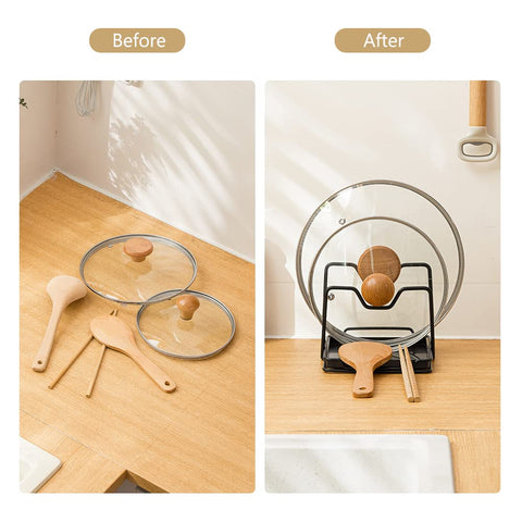 Poeland 2-layer lid rack in U-shape securely holds lids of various sizes.