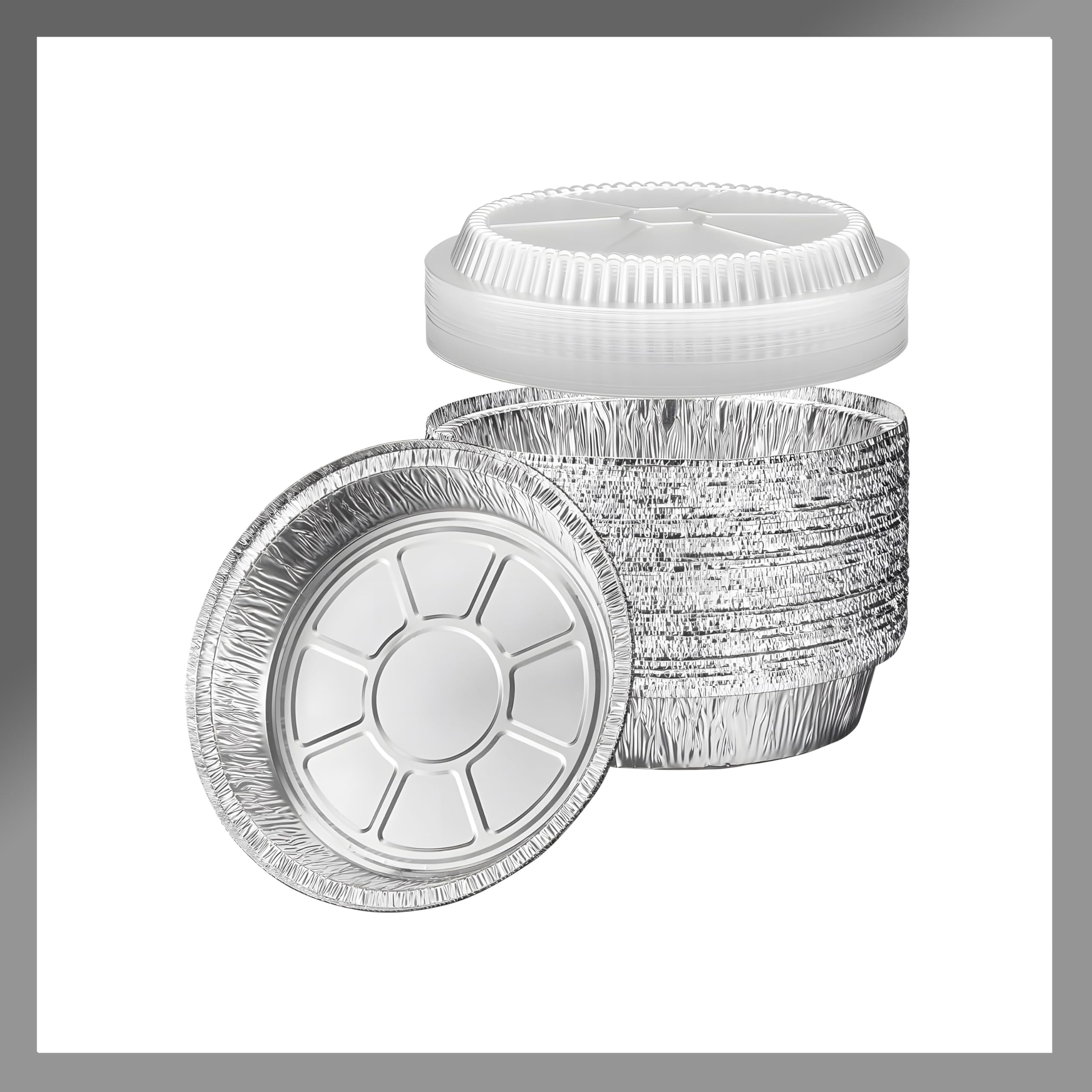 Pokanic 6-inch round aluminum foil pans for easy baking and storage.