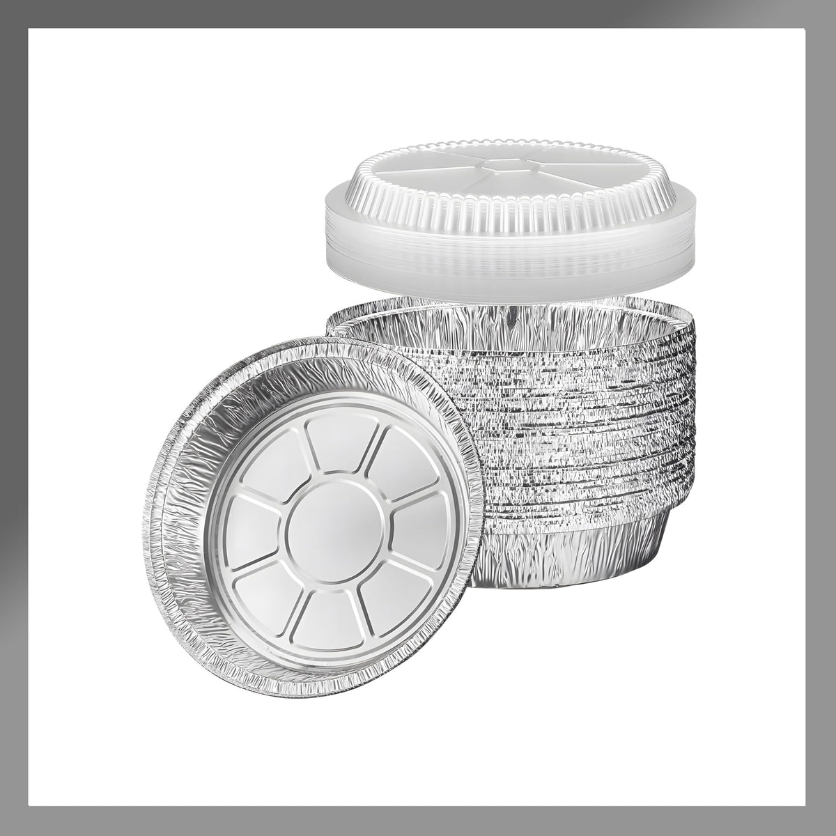 Pokanic 6-inch round aluminum foil pans for easy baking and storage.