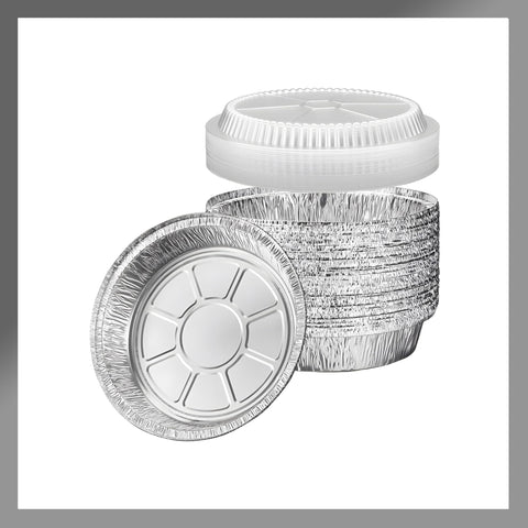 Pokanic 6-inch round aluminum foil pans for easy baking and storage.