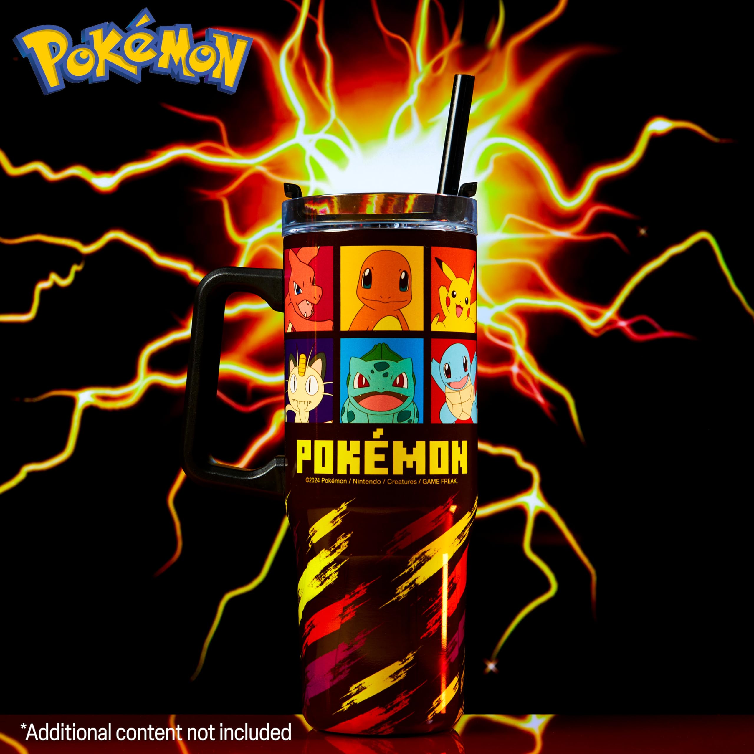 Pokemon travel mug with handle and straw for easy, spill-free sipping.