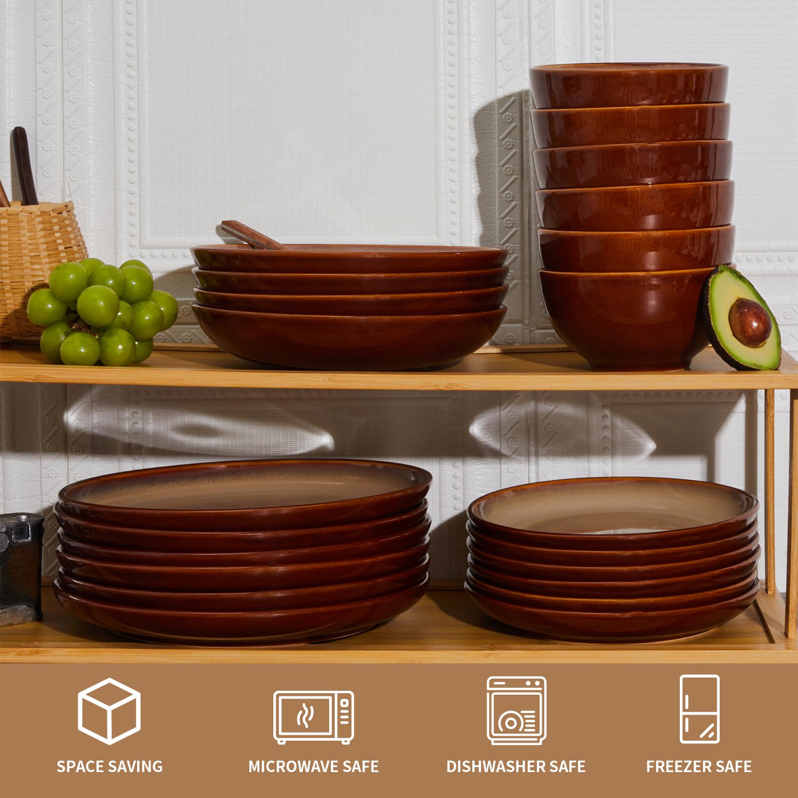 Pokini brown-yellow glaze adds warm, inviting table presence.