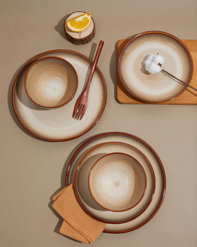 Pokini handmade round dishes demonstrating stackable, space-saving design.