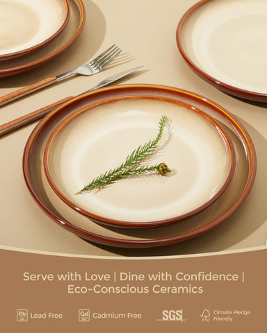 Pokini stoneware dessert plates displaying reactive glaze for stylish serving.