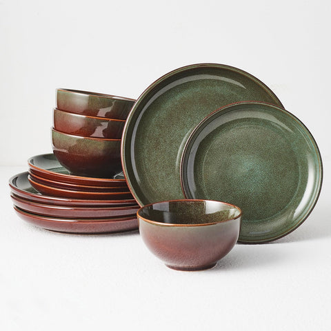 Pokini stoneware dinner set for four with reactive glaze, unique color variation.