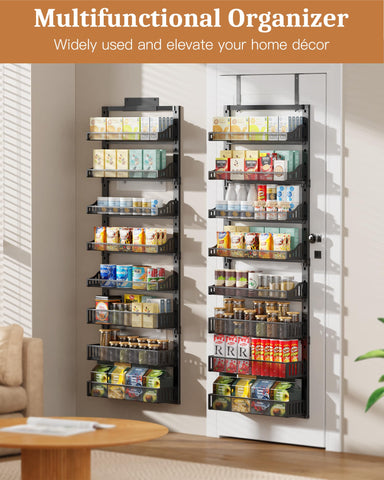 POKIPO pantry organizer 8-tier close-up highlights adjustable baskets for tall bottles.