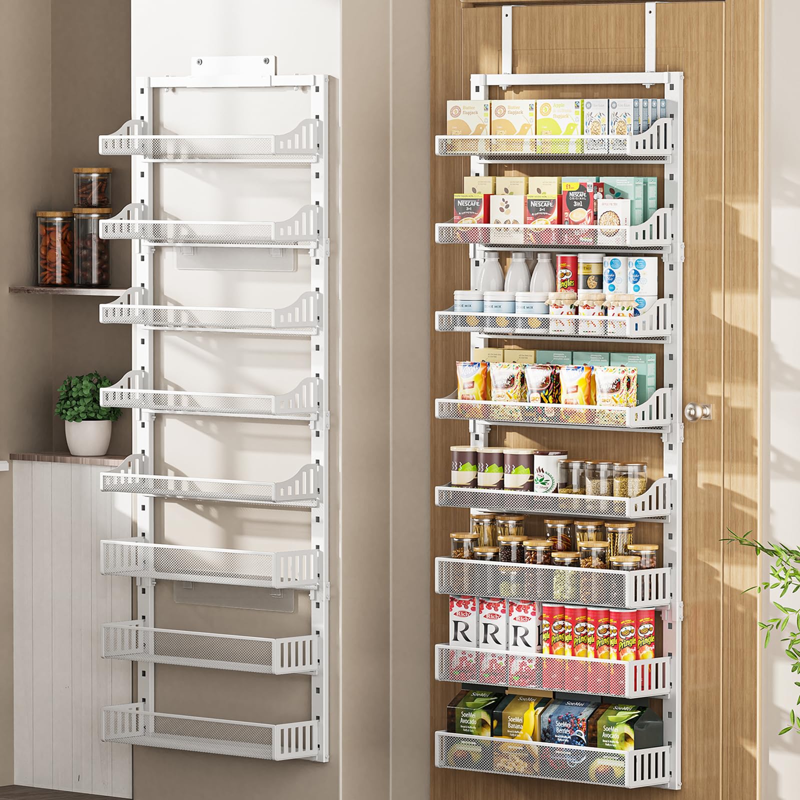 POKIPO Over-the-Door 8-Tier organizer on a door keeps spices tidy.