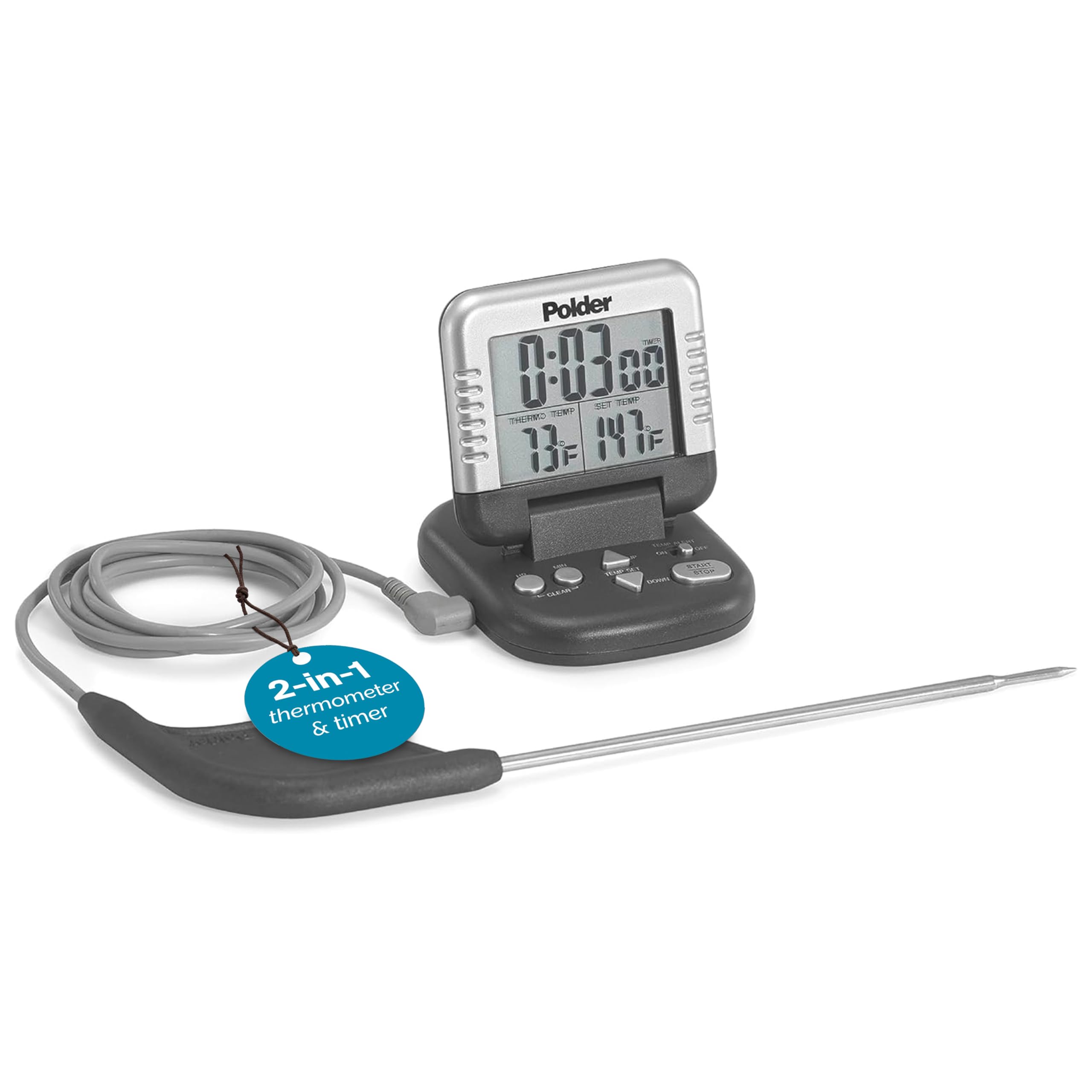 Polder Classic digital thermometer display shows temperature and timer at a glance.