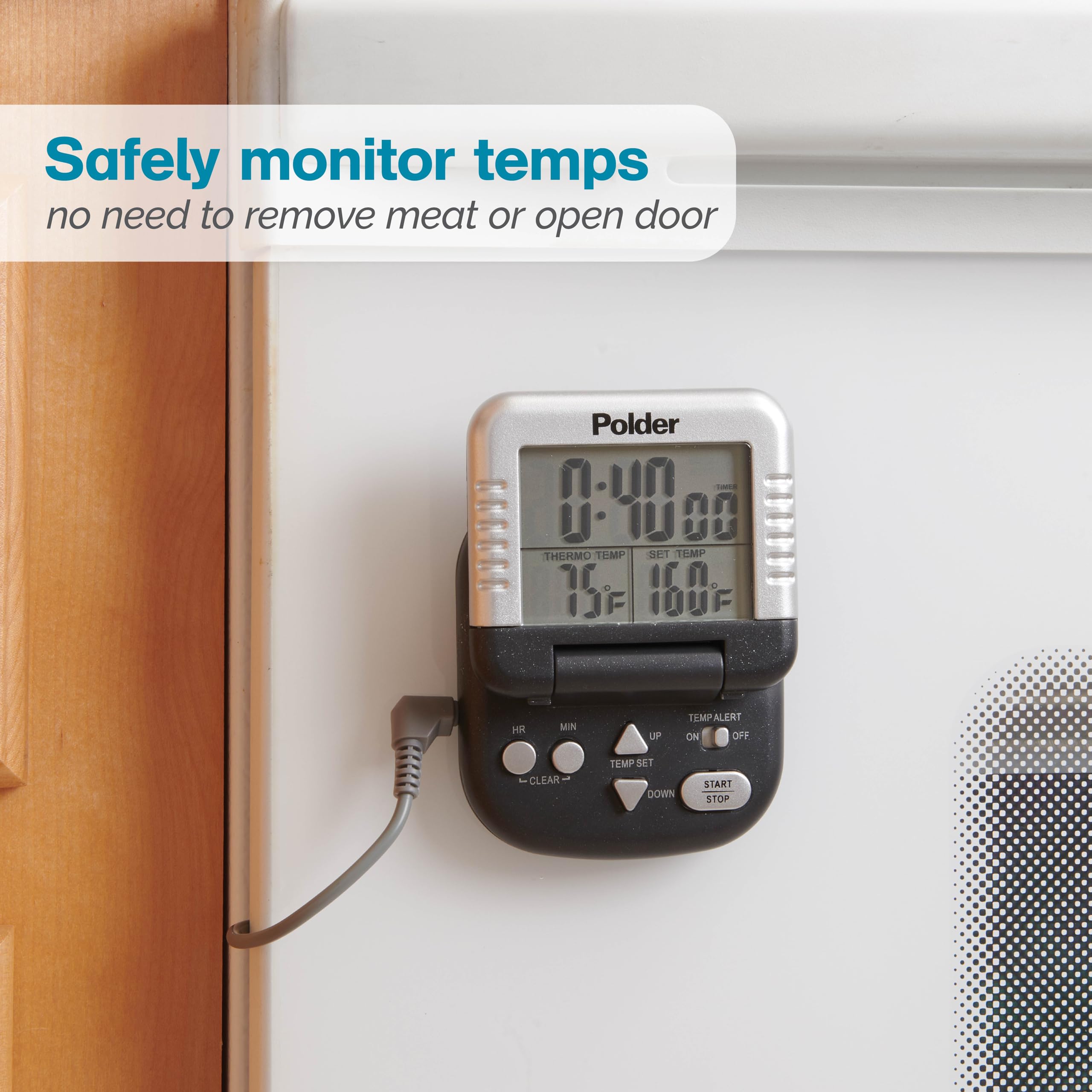 Magnetic back keeps the thermometer accessible on a kitchen wall.