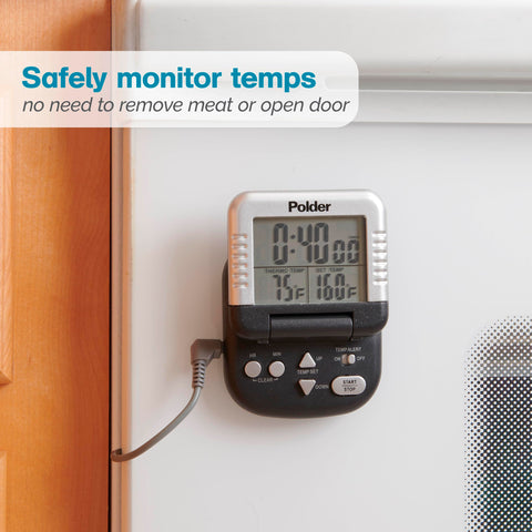 Magnetic back keeps the thermometer accessible on a kitchen wall.