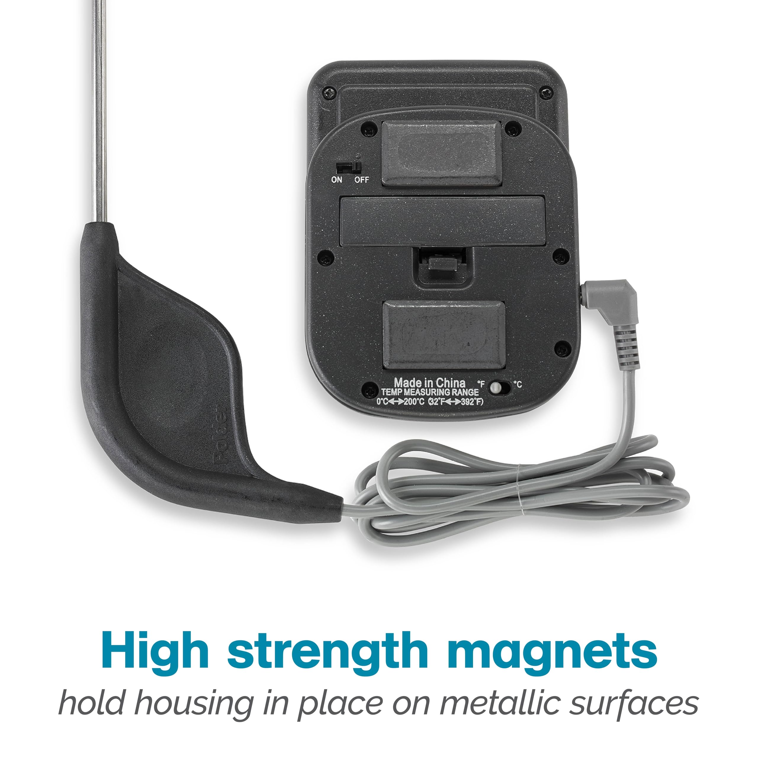 Sealed probe with comfortable grip helps resist moisture during active cooking.