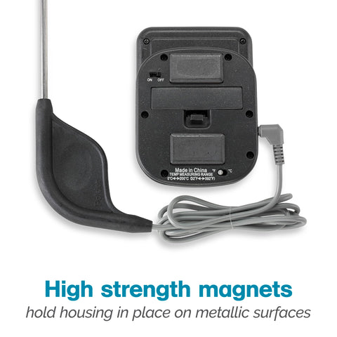 Sealed probe with comfortable grip helps resist moisture during active cooking.