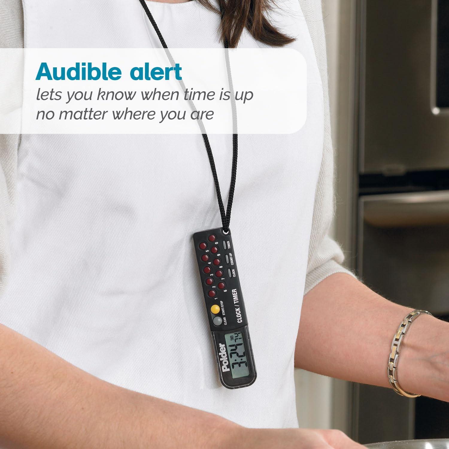 Polder Combination Clock attached to a 36-inch lanyard for portable use.