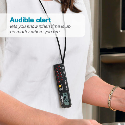 Polder Combination Clock attached to a 36-inch lanyard for portable use.
