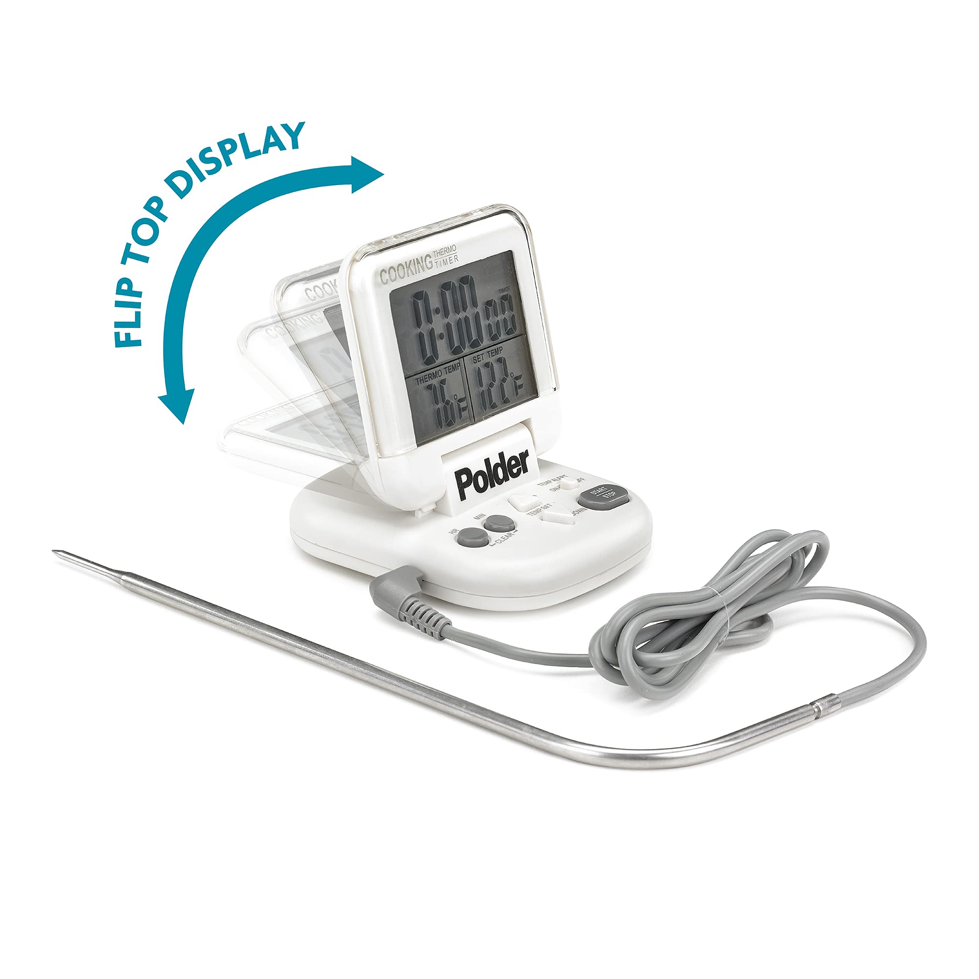 Polder thermometer with 43-inch probe wire offers flexible oven placement.