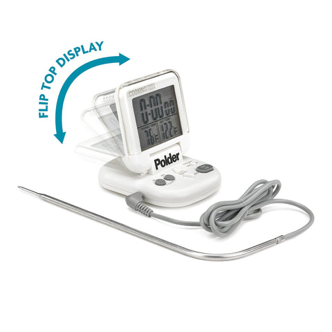 Polder thermometer with 43-inch probe wire offers flexible oven placement.