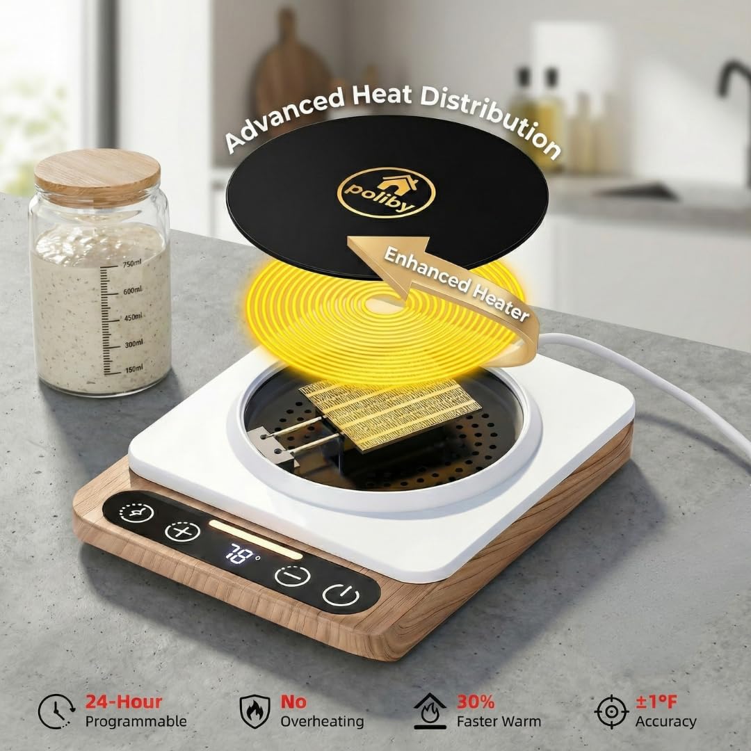 POLIBY sourdough-starter-warmer-mat-24h-timer supports extended fermentation sessions.