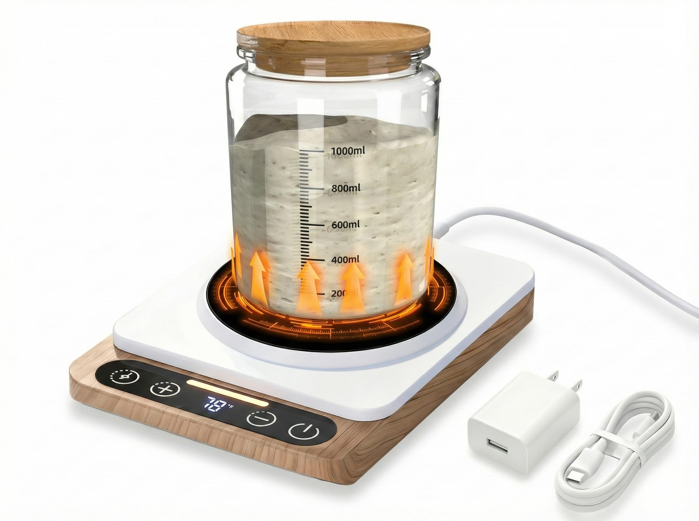 POLIBY sourdough-starter-warmer-mat thermostat-control panel shows precise heat settings.