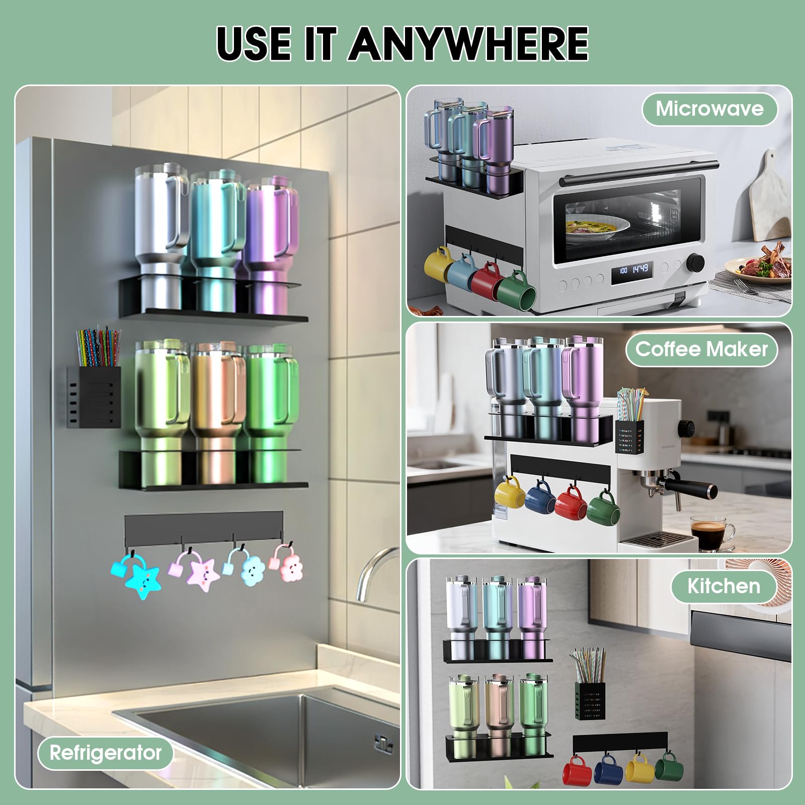 Space-saving mounting on fridge or cabinet surfaces for compact kitchens.