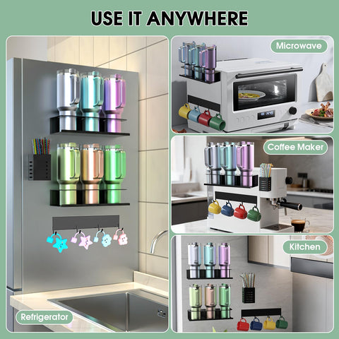 Space-saving mounting on fridge or cabinet surfaces for compact kitchens.