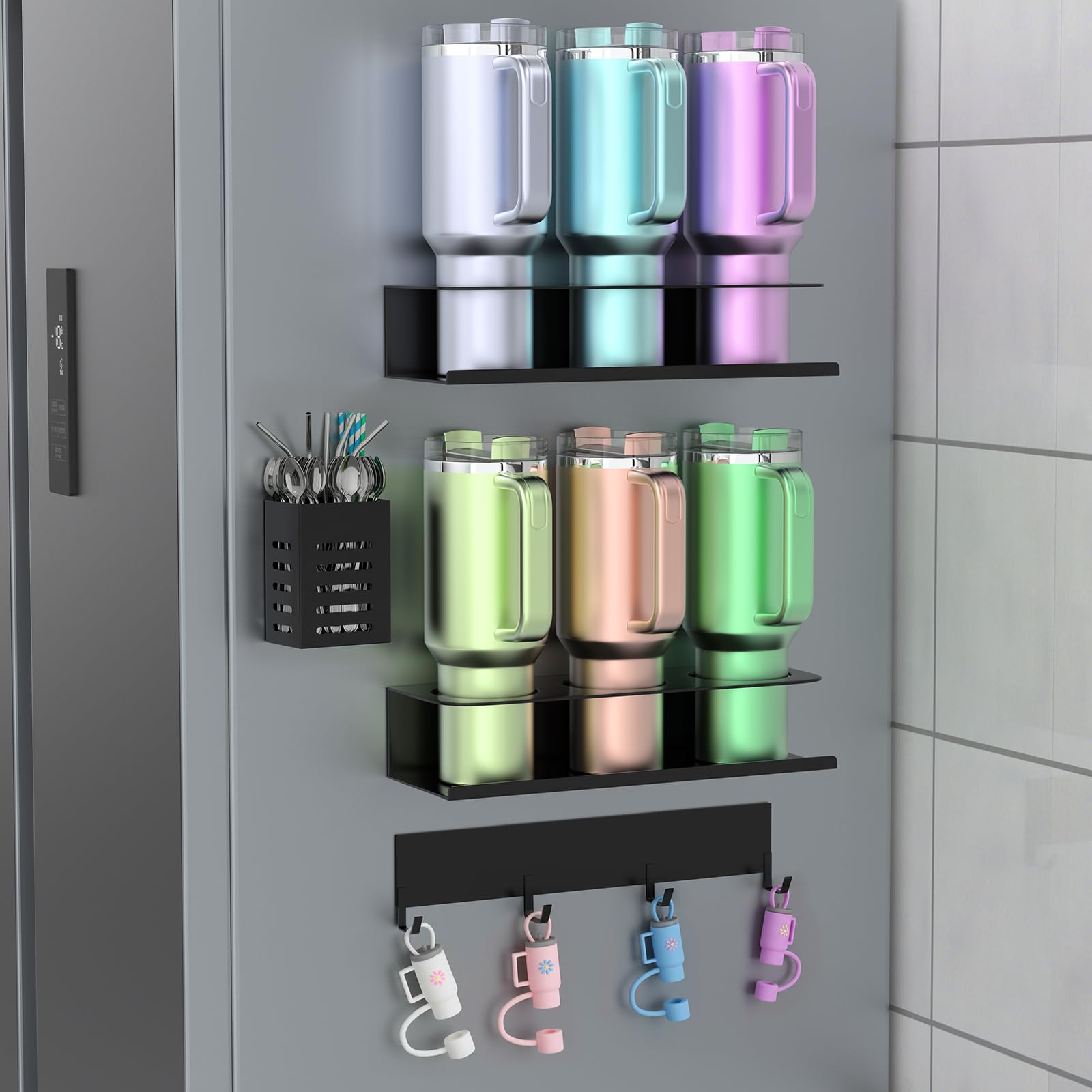 POLRAI Stanley cup organizer with magnetic suction for secure fridge mounting.
