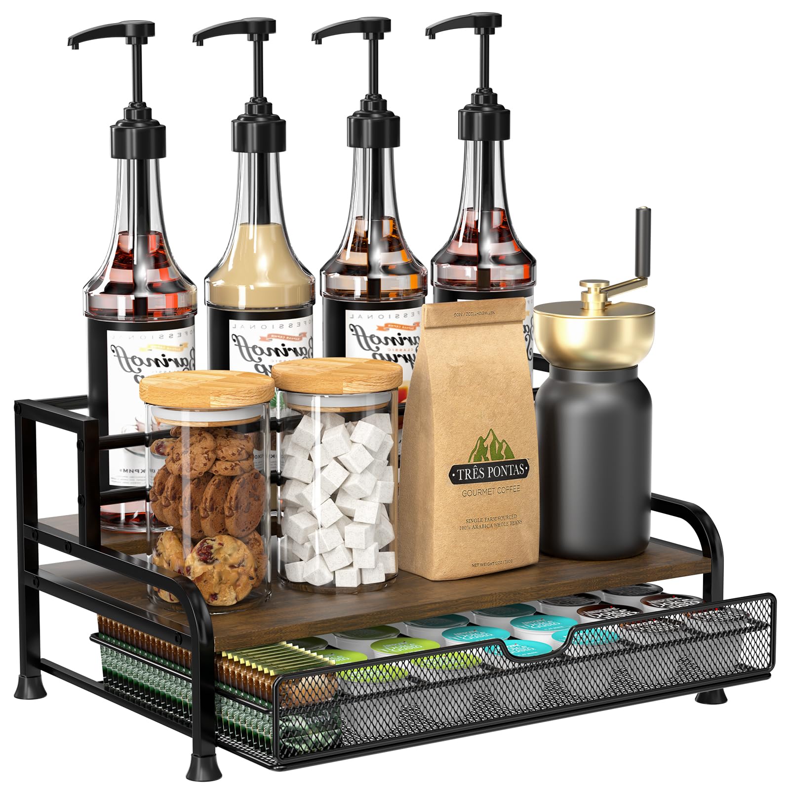 PONEYA 3-tier coffee syrup rack on counter keeping syrups within reach