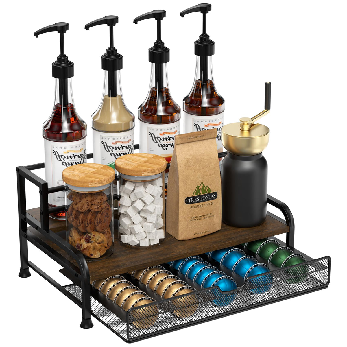 PONEYA coffee syrup rack top view shows organized syrups and pods.