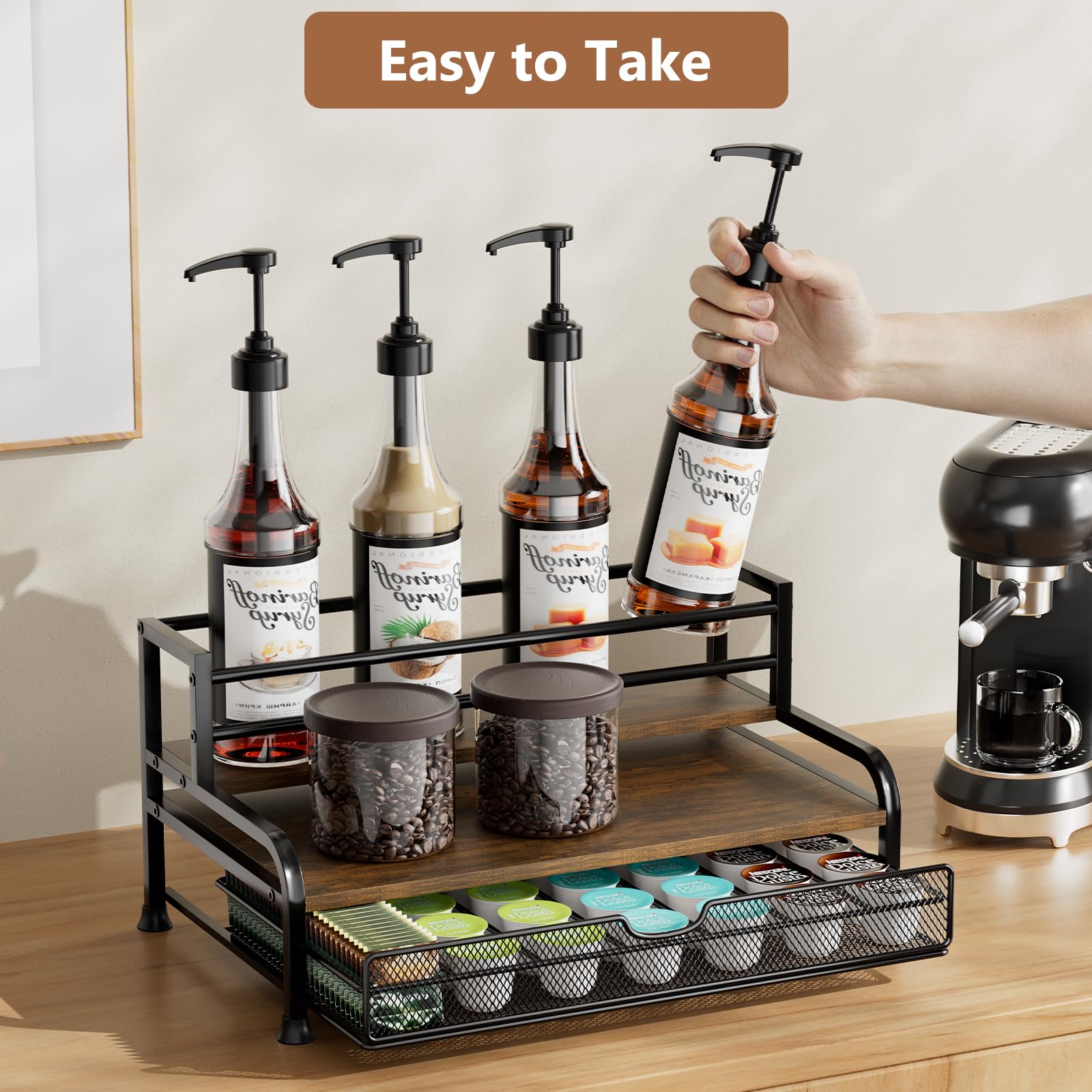 PONEYA pull-out drawer stores capsules, stirrers, or tea bags