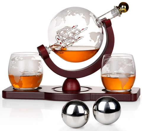 PONPUR globe decanter with antique ship engraving elevates your home bar and tasting setup.