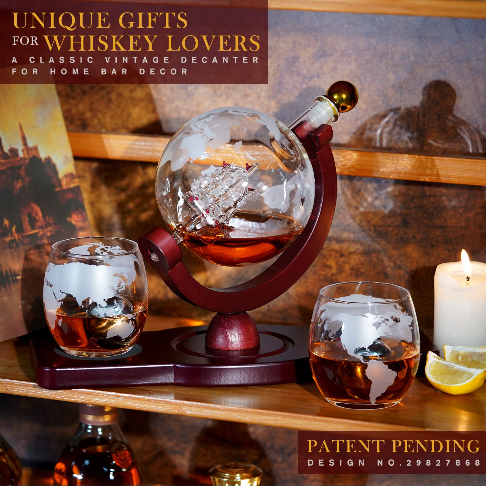 PONPUR world-map whiskey glasses accompany the globe decanter for elegant sips.