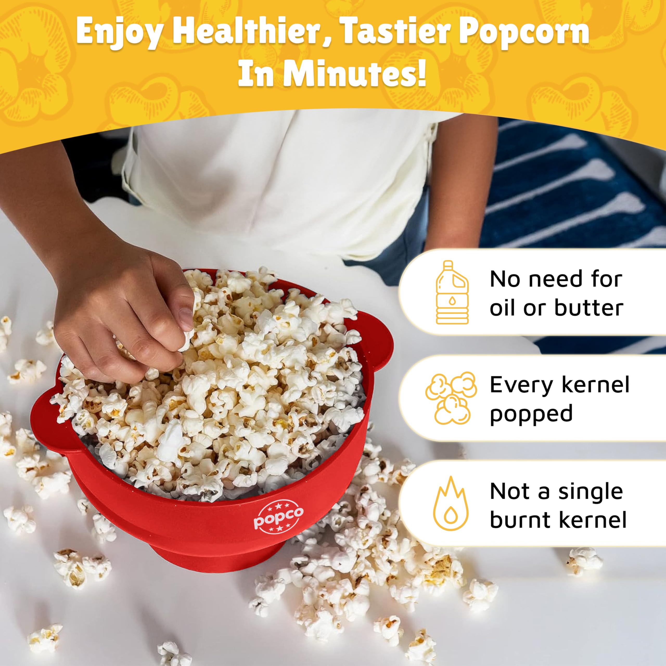 POPCO collapsible popcorn bowl folded to 2.3 inches for compact storage.