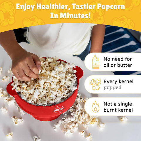 POPCO collapsible popcorn bowl folded to 2.3 inches for compact storage.