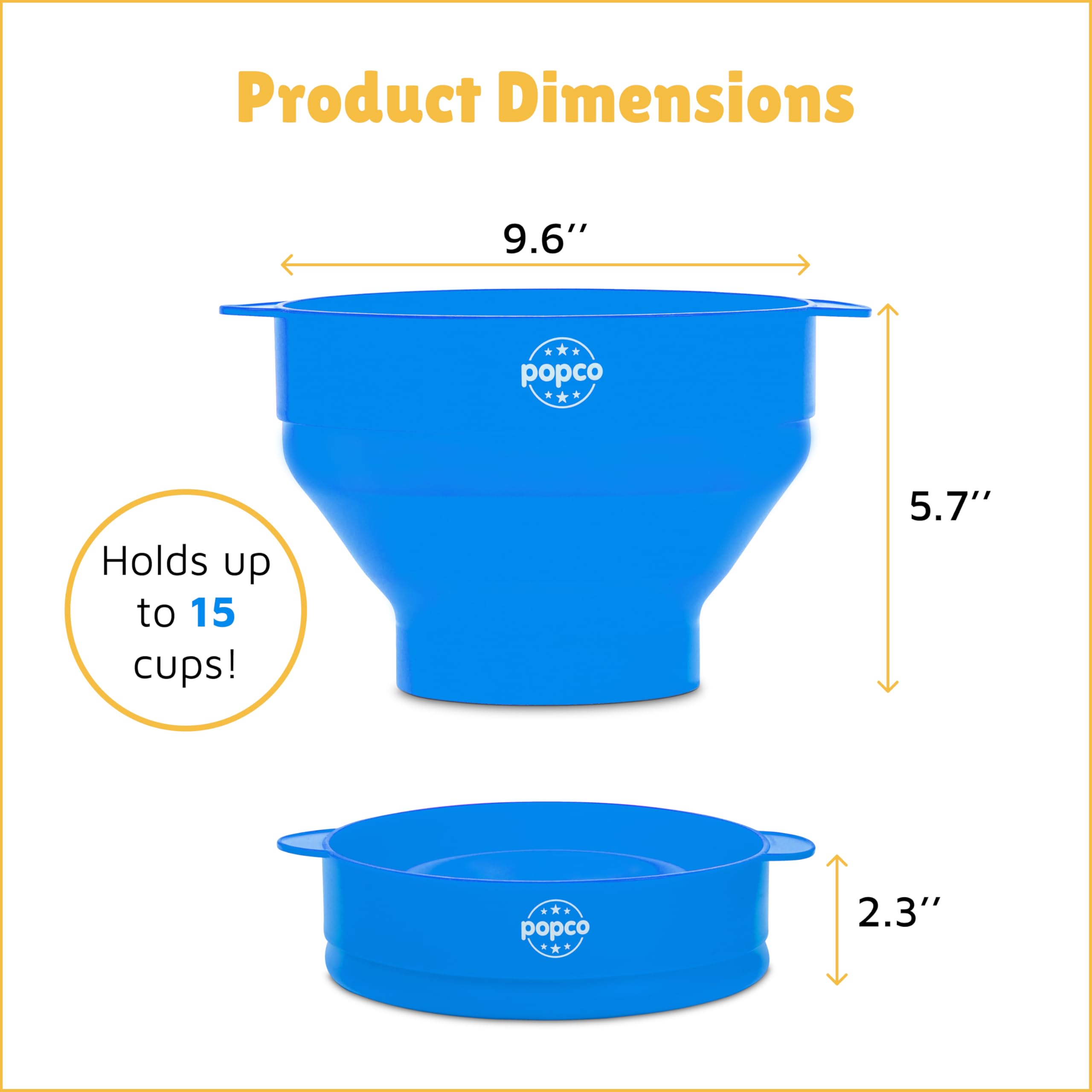 Popco collapsible popcorn bowl folds flat for compact kitchen storage.