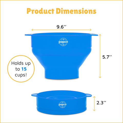 Popco collapsible popcorn bowl folds flat for compact kitchen storage.