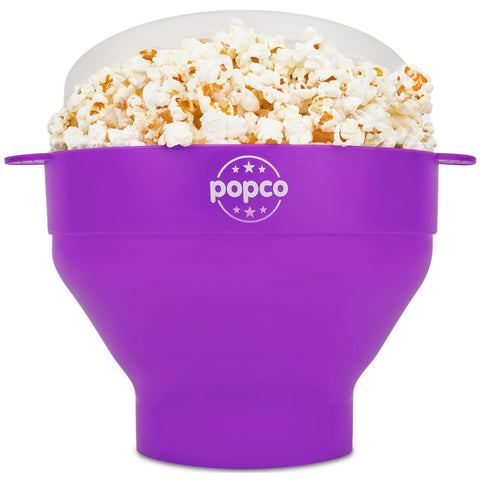 POPCO HotPop silicone popcorn maker side view in aqua, ready for quick microwave popcorn
